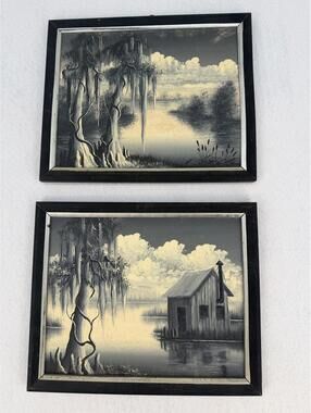Vintage T.S. Driskell Bayou Landscape Paintings Set 2 Black Frames